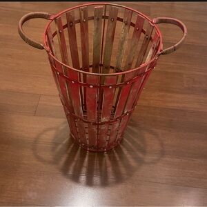 Rustic Red Teak Wooden Apple Picking Basket with cast iron handles